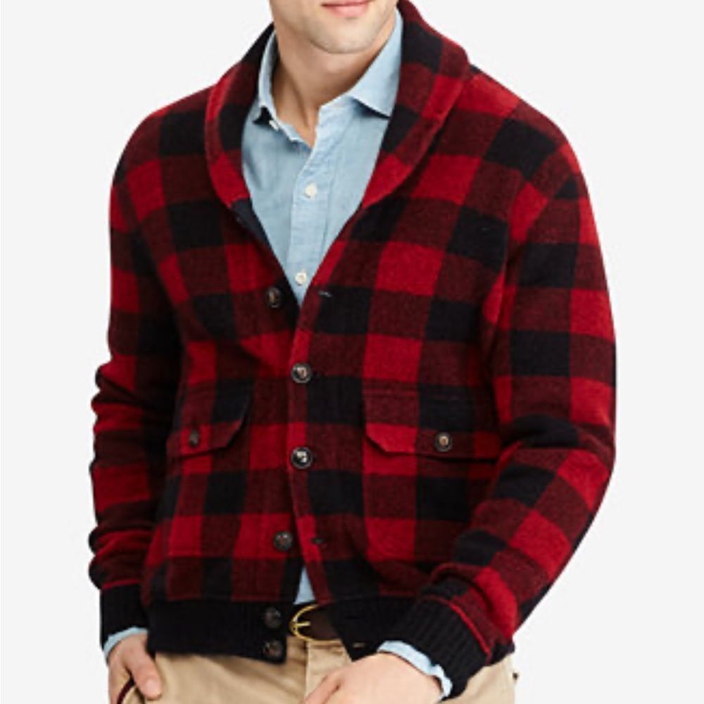 POLO RALPH LAUREN Men's Iconic Red Black Plaid Cardigan Blue label